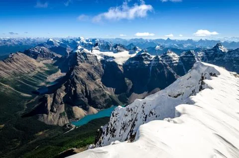 Mountains range view from mt temple with moraine lake, canada Stock Photos