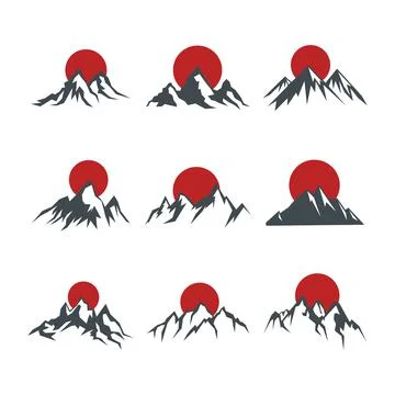 Mountains with red sun isolated on white background Stock Illustration