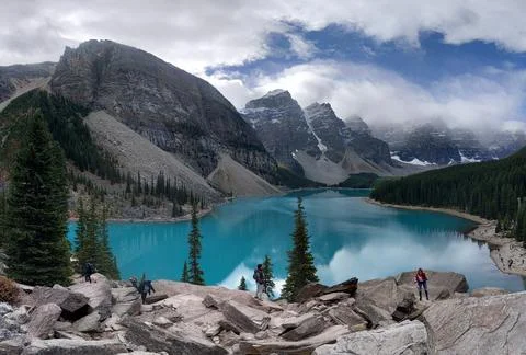 Mountains reflected in glacial lake, Moraine Lake, Banff National Park, Alb.. Stock Photos