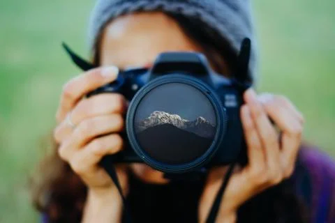 Mountains reflected in lens 스톡 사진