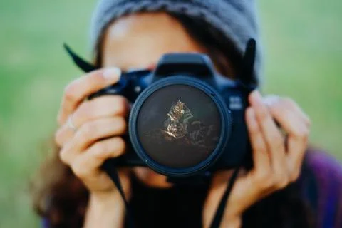 Mountains reflected in lens 스톡 사진