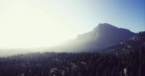 Mountains rise above a forest under a bright sky in the morning glow Ilustração Stock