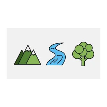 Mountains river tree nature landscape flat icons simple design Illustrazione stock