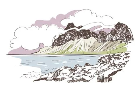 Mountains rock sea view vector sketch landscape line illustration skyline Stock Illustration