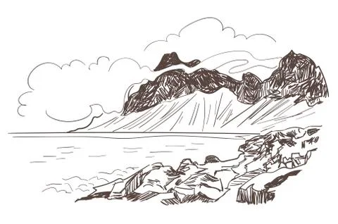 Mountains rock sea view vector sketch landscape line illustration skyline Stock Illustration