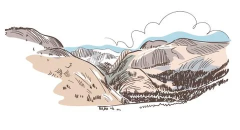 Mountains rock view vector sketch landscape line illustration skyline Stock Illustration