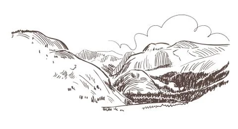 Mountains rock view vector sketch landscape line illustration skyline Stock Illustration