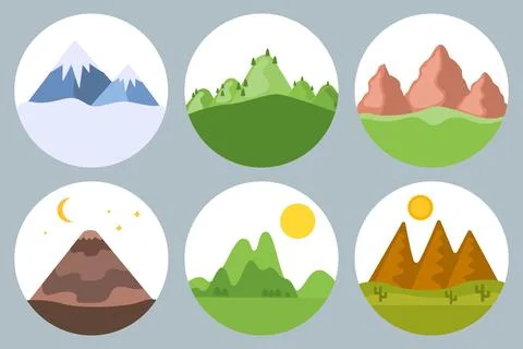 Mountains set desert, volcano, forest in circles Stock Illustration