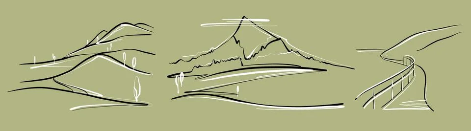 Mountains. A set of illustrations in a linear style, a sketch. Stock Illustration