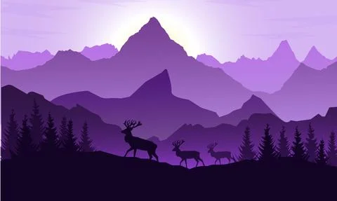 Mountains silhouette with trees and deer Stock Illustration