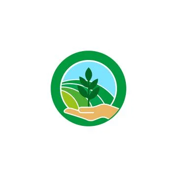 Mountains, sky, field and sapling in hand. vector symbol Stock Illustration