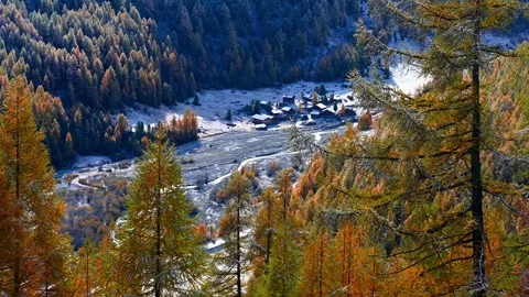 Mountains, sky, forest and la Gouille village in autumn in Switzerland. Stock Footage 287606595