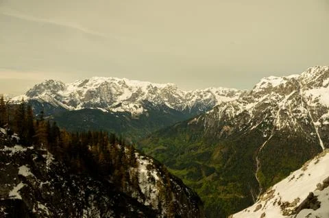 Mountains with snow, on top of a mountain. Green forest with a fantastic view Foto stock