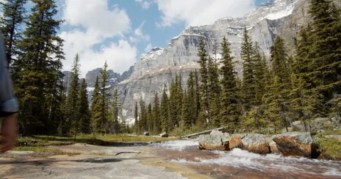 Mountains, stream and man and woman backpackers #1 Video stock 121539013