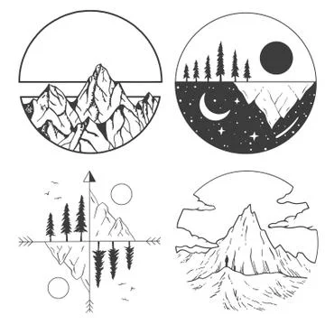 Mountains, sun and clouds in geometric shapes. Stock Illustration