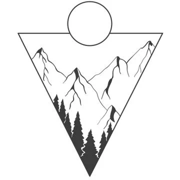 Mountains, sun and clouds inscribed in a triangle. Stock Illustration