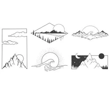 Mountains, sun and clouds. Set of vector pattern. Stockillustratie