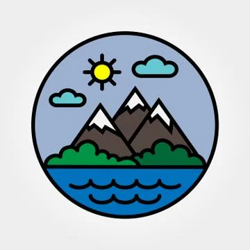 Mountains, sun, clouds. Flat. Icon. Vector. Logo Stock Illustration