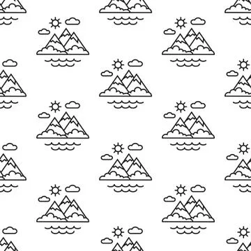 Mountains, sun, clouds. Pattern. Seamless vector illustration. Line. Flat. 스톡 일러스트