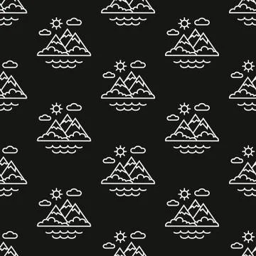 Mountains, sun, clouds. Pattern. Seamless vector illustration. Line. Flat. イラスト素材