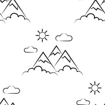 Mountains, sun, clouds. Pattern. Seamless vector illustration. Art Line. Flat Stockillustratie