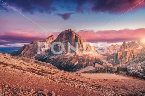 Mountains at sunset in Dolomites, Italy Stock Photos