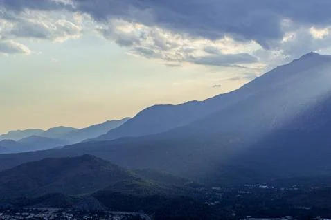 Mountains at sunset in dramatic blue-gray, Kemer, Turkey Stock Photos