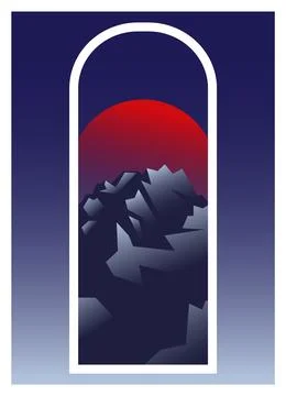 Mountains sunset landscape view. Poster 2d cartoon gradient background with f Stock Illustration