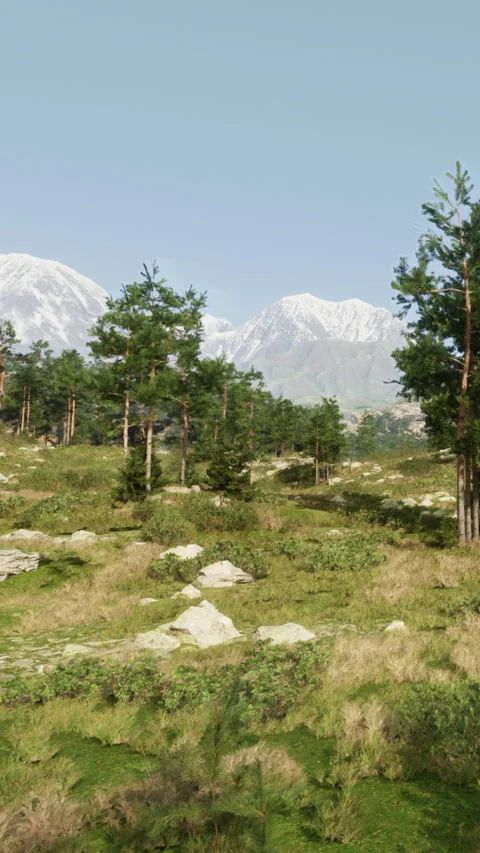 Mountains tower above green trees and rocks in a sunny landscape near spring Stock Footage 341986791