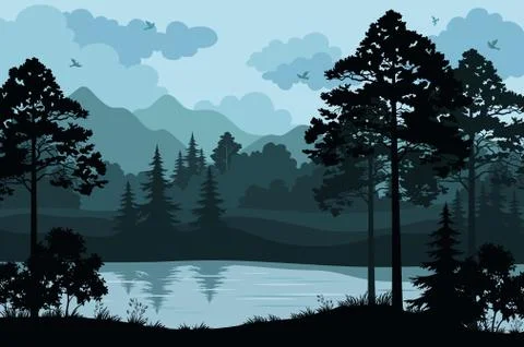 Mountains, Trees and River Stock Illustration