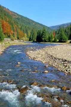 Mountains trees and river 写真素材