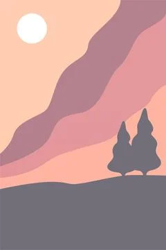 Mountains Trees Printable Wall Decor. Boho Landscape Poster Stock Illustration