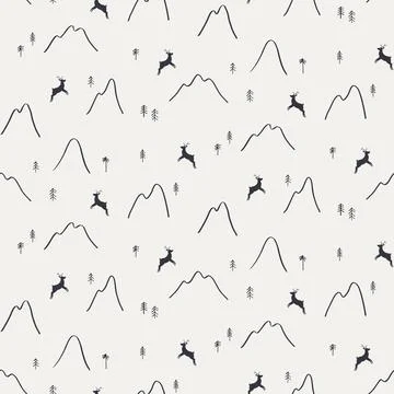 Mountains, trees, reindeer, seamless pattern Illustrazione stock
