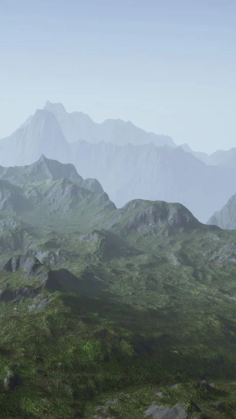 Mountains under a clear sky with distant peaks and green hills Stock-Footage 338422731