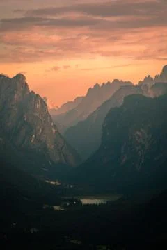 Mountains under sunset light, as seen from Cinque Torri, Dolomite Alps, Italy Stock Photos