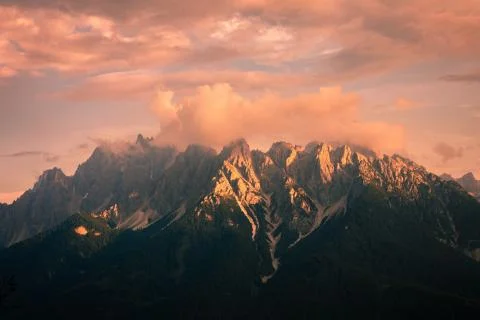 Mountains under sunset light, as seen from Cinque Torri, Dolomite Alps, Italy Stock Photos