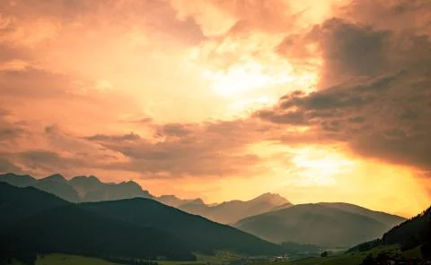 Mountains under sunset light, as seen from Cinque Torri, Dolomite Alps, Italy Stock Photos