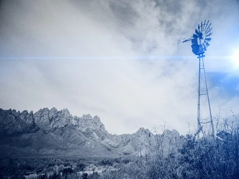 Mountains Windmill and Flair Styled Time-lapse Stock Footage 76003838