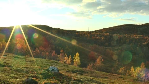 Mountainside in the autumn forest against the background of the setting sun. Stock Footage 74718335