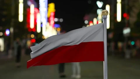 Mounted bicolor flag waving and folding under light breeze, neon bokeh framing Stock Footage 338365830