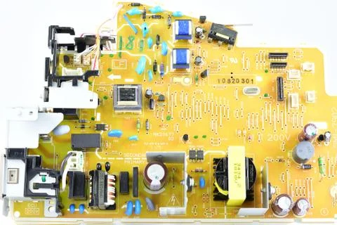 Mounted circuit Board, front view, radio components, Stock Photos