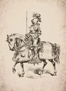 Mounted Knight in Full Armour with Barding Historical Engraving Stock Illustration