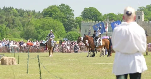 Mounted knights line up with Leeds Castle in the background Stock Footage 340040512
