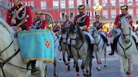 Mounted military drummers during Dos de Mayo celebration in Madrid Stock Footage 334331513