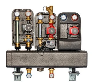 Mounted pumping group for regulating the circulation of the mixed liquid. Stock Photos