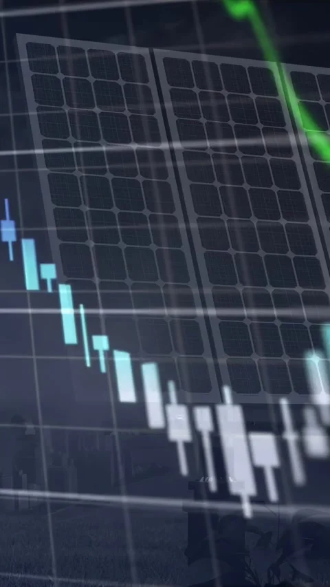 Mounted solar panel array receiving real-time data feed, overlaying financial Stock Footage 334600740