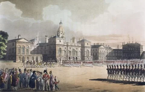 Mounting Guard, St. James's Park. Circa 1808.  After a work by August Pugin and Ilustración de archivo