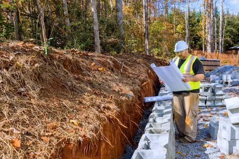 In mounting retaining wall by cement blocks, construction workers study a Foto stock
