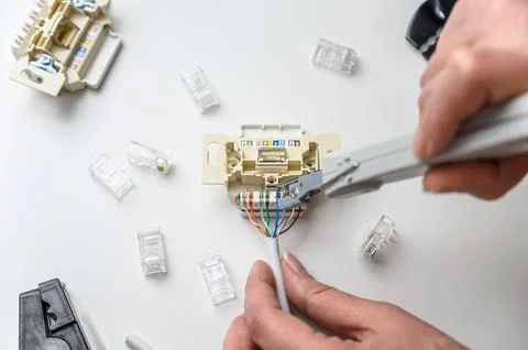 Mounting the RJ45 module, attaching the wire to the computer socket in the .. Stock Photos