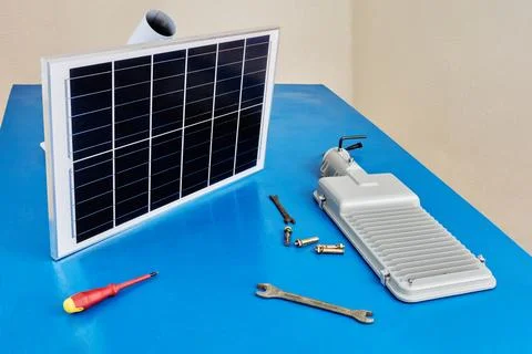 Mounting table for assembly stand alone, cordless LED street light with solar Stock Photos